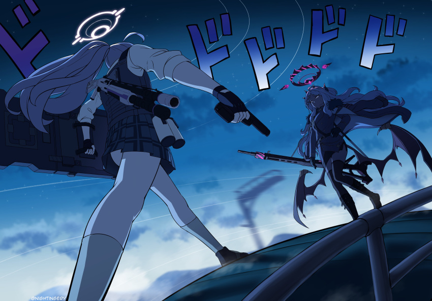 2girls, absurdres, ahoge, ballistic_shield, beretta_1301, beretta_92, blue_archive, boots, bulletproof_vest, demon_girl, demon_horns, demon_wings, explosive, fingerless_gloves, fluffy_hair, gloves, grenade, gun, halo, handgun, highres, hina_(blue_archive), horns, hoshino_(blue_archive), jojo_no_kimyou_na_bouken, kneehighs, long_coat, long_hair, machine_gun, meme, mg42, miniskirt, multiple_girls, night, night_sky, nightingery, official_alternate_costume, oh?_you're_approaching_me?_(meme), pencil_skirt, pink_hair, plaid_clothes, plaid_skirt, ponytail, shield, shoes, shotgun, skirt, sky, smoke_grenade, socks, thigh-highs, very_long_hair, violet_eyes, weapon, white_hair, wings
