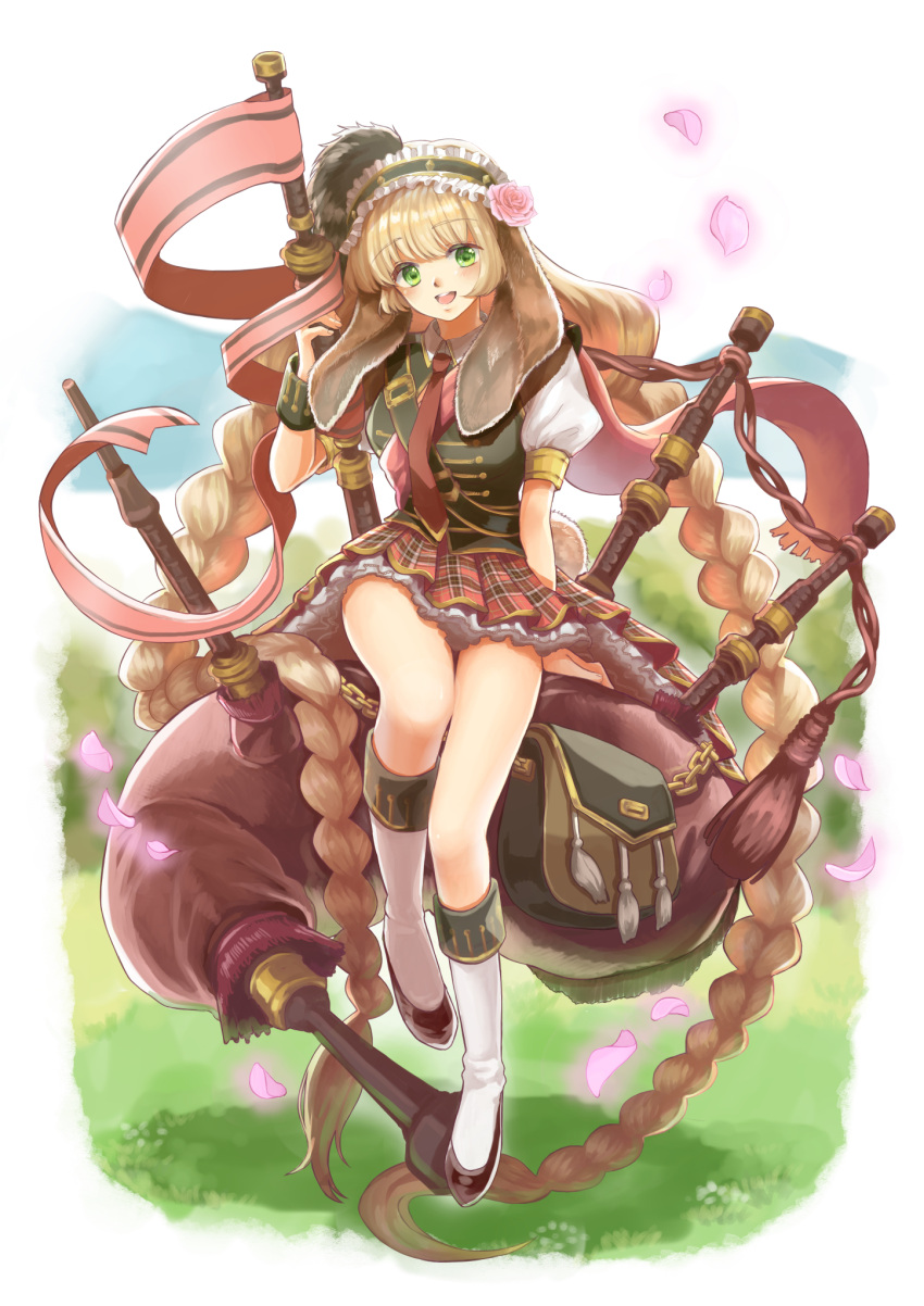 1girl, animal_ears, bagpipes, black_vest, braid, fha59355, green_eyes, highres, instrument, long_hair, lop_rabbit_ears, maid_headdress, necktie, open_mouth, original, oversized_object, petals, plaid_clothes, plaid_skirt, rabbit_ears, rabbit_girl, red_necktie, shirt, sitting, skirt, solo, twin_braids, very_long_hair, vest, white_footwear, white_shirt