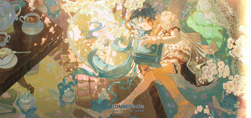 1girl, angel_wings, aqua_hair, black_skirt, blue_book, book, book_stack, carpet