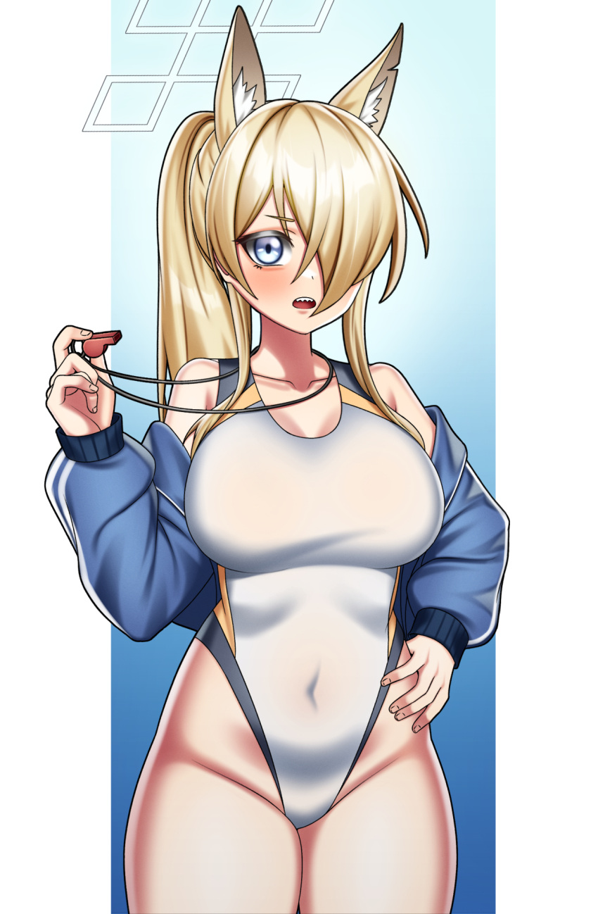 animal_ears, bikini, blonde_hair, blue_archive, blue_eyes, blue_jacket, breasts, ducky_(sgtducky96)
