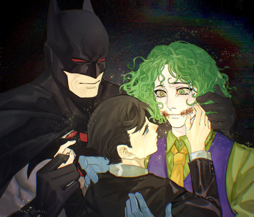 1girl, 2boys, alternate_universe, batman, batman_(series), black_hair, blue_gloves, bruce_wayne, crying, dc_comics, father's_day, father_and_son, gloves, green_hair, happypoker_cl, highres, joker_(dc), male_focus, martha_wayne, mother_and_son, multiple_boys, superhero_costume, the_flash_(2023), thomas_wayne