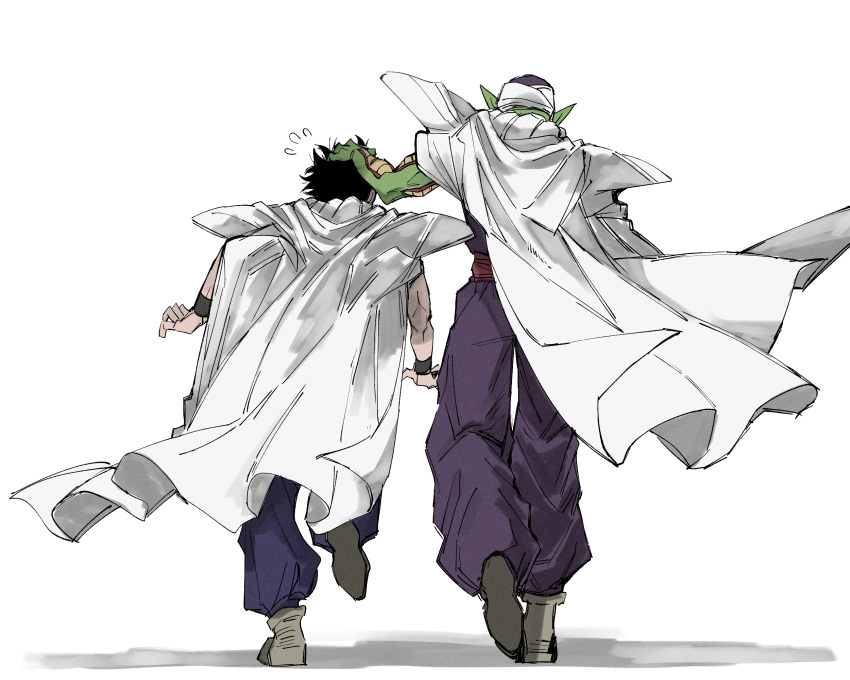 2boys, black_hair, black_wristband, cape, colored_skin, dougi, dragon_ball, dragon_ball_super