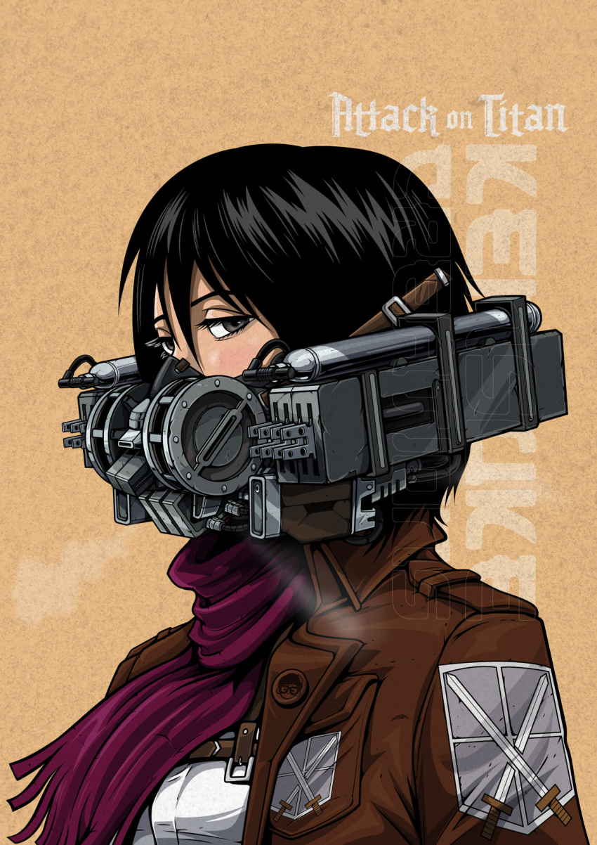 1girl, artist_name, black_eyes, black_hair, breasts, brown_jacket, commentary, copyright_name