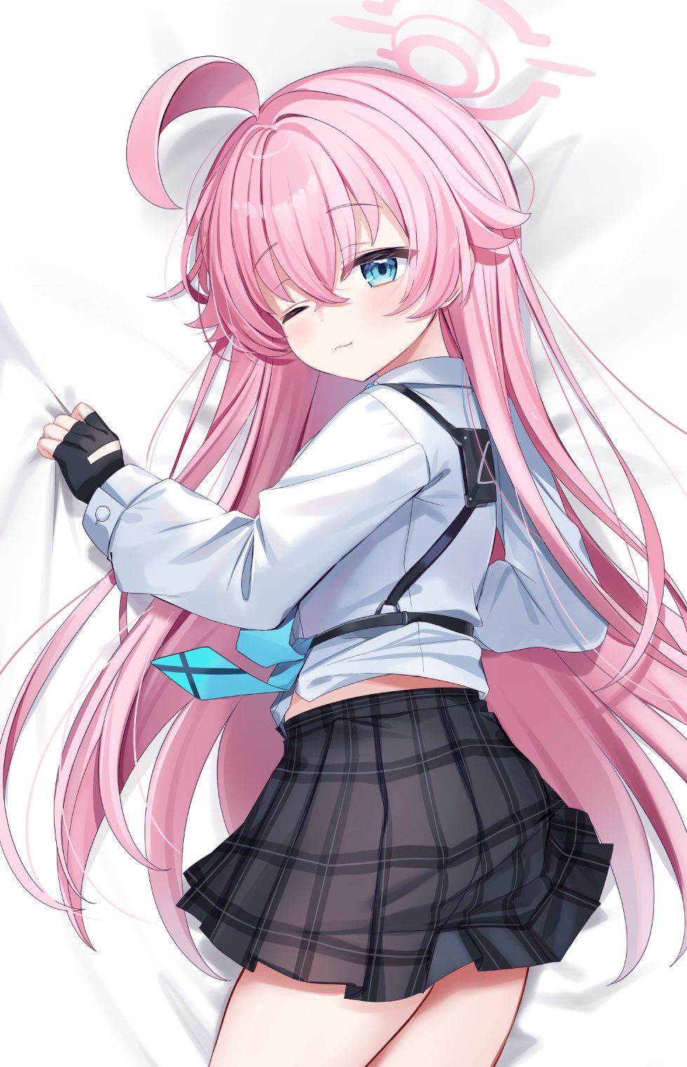 1girl, ahoge, bed_sheet, black_gloves, black_skirt, blue_archive, blue_eyes, blue_necktie