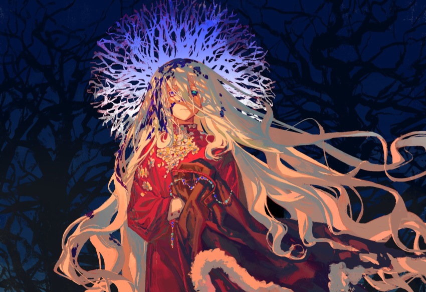 1girl, bare_tree, black_eyes, brown_cloak, cloak, closed_mouth, coat, dress, floral_print, flower, fur-trimmed_coat, fur_trim, hair_spread_out, hand_up, heterochromia, highres, holding_cloak, jewelry, long_hair, long_sleeves, night, night_sky, original, outdoors, red_dress, rottencrow, sky, solo, star_(sky), tree, very_long_hair, violet_eyes, white_flower, white_wrist_cuffs, wrist_cuffs