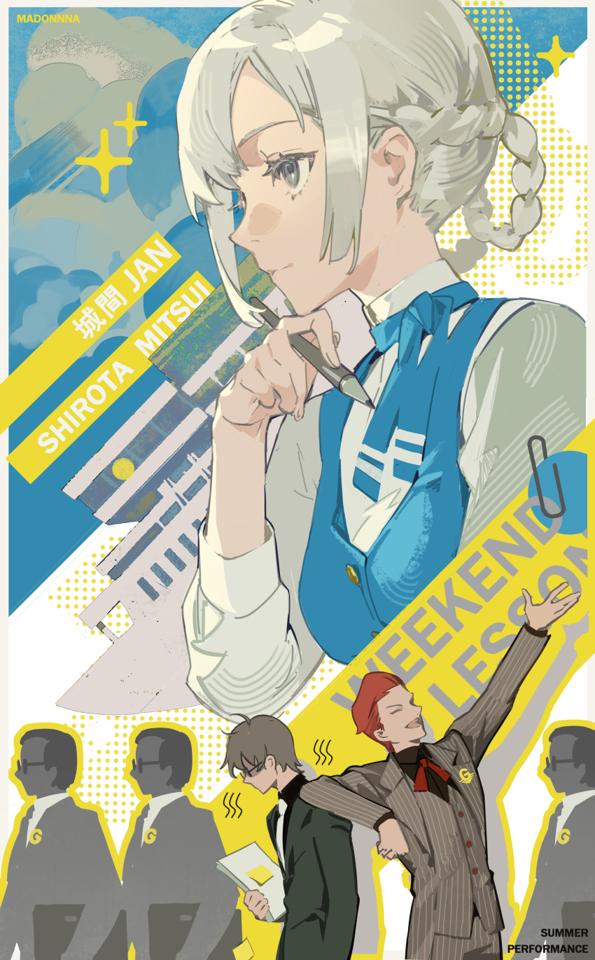 1girl, 5boys, absurdres, arm_on_another's_shoulder, badge, black_shirt, blazer, blue_background