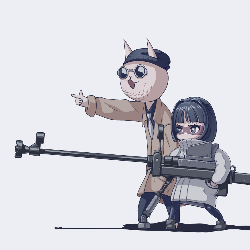 95hoody, :3, absurdres, age_difference, animal_ears, anti-materiel_rifle, black_eyes, black_footwear, black_hair, black_hat, black_pants, black_shirt, blunt_bangs, blunt_ends, bob_cut, brown_coat, cat_boy, cat_ears, coat, collared_shirt, cosplay, dress_shirt, facepaint, facial_hair, furrowed_brow, grey-framed_eyewear, grey_jacket, gun, hair_intakes, hat, height_difference, high_collar, highres, hitman_cat_(nyanko_daisensou), holding, holding_gun, holding_weapon, huge_weapon, jacket, knit_hat, leon_(leon_the_professional), leon_(leon_the_professional)_(cosplay), leon_the_professional, long_sleeves, mathilda_lando, mathilda_lando_(cosplay), necktie, nyanko_daisensou, open_mouth, pants, pointing, pointing_forward, rifle, round_eyewear, shadow, sharpshooter_saki_(nyanko_daisensou), shirt, shoes, short_hair, simple_background, smile, sniper_rifle, sparkling_eyes, standing, stubble, sunglasses, trench_coat, v-shaped_eyebrows, walking, weapon, weapon_request, white_background, white_necktie