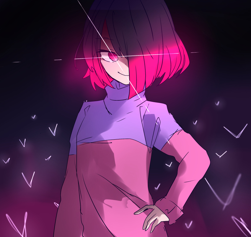 1girl, alternate_universe, bete_noire, black_background, brown_hair, clothes, glitchtale, highres