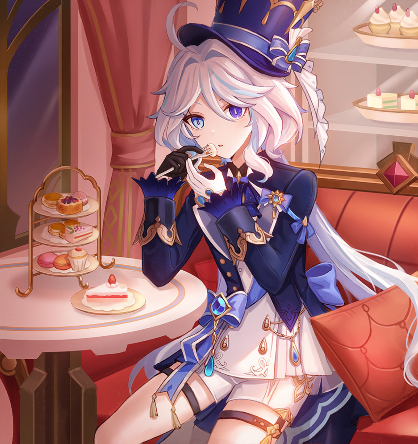 1girl, :o, ahoge, asymmetrical_gloves, black_gloves, blue_bow, blue_eyes, blue_gemstone