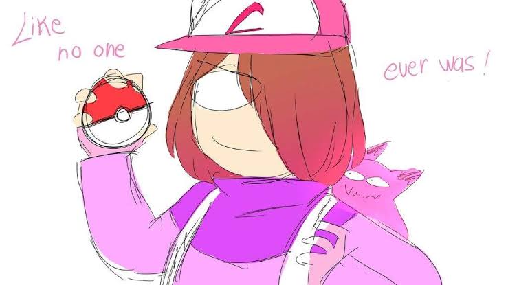 1girl, akumu_(glitchtale), alternate_universe, bete_noire, brown_hair, clothes, glitchtale, hat, kumu, pink_eyes, pink_hair, pink_hat, poke_ball, pokemon, shirt, short_hair, white_background