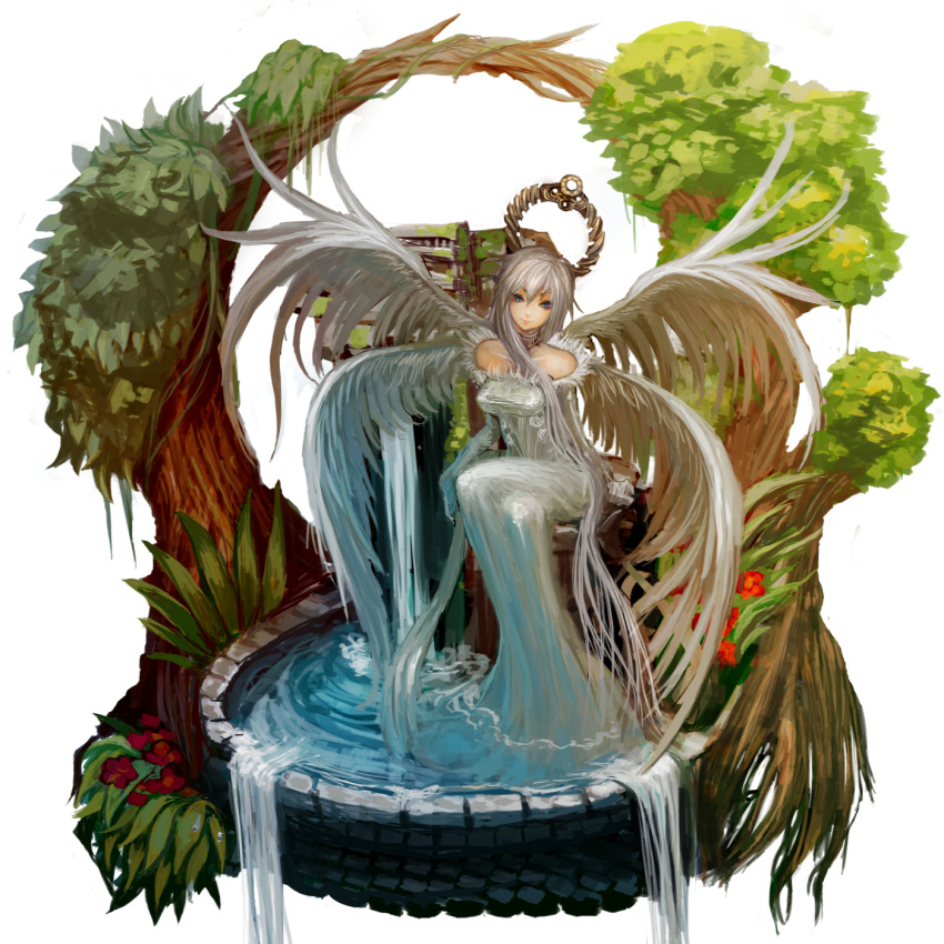 bare_shoulders, blue_eyes, cherokee_(pixiv), dress, hair_ornament, highres, long_hair, multiple_wings