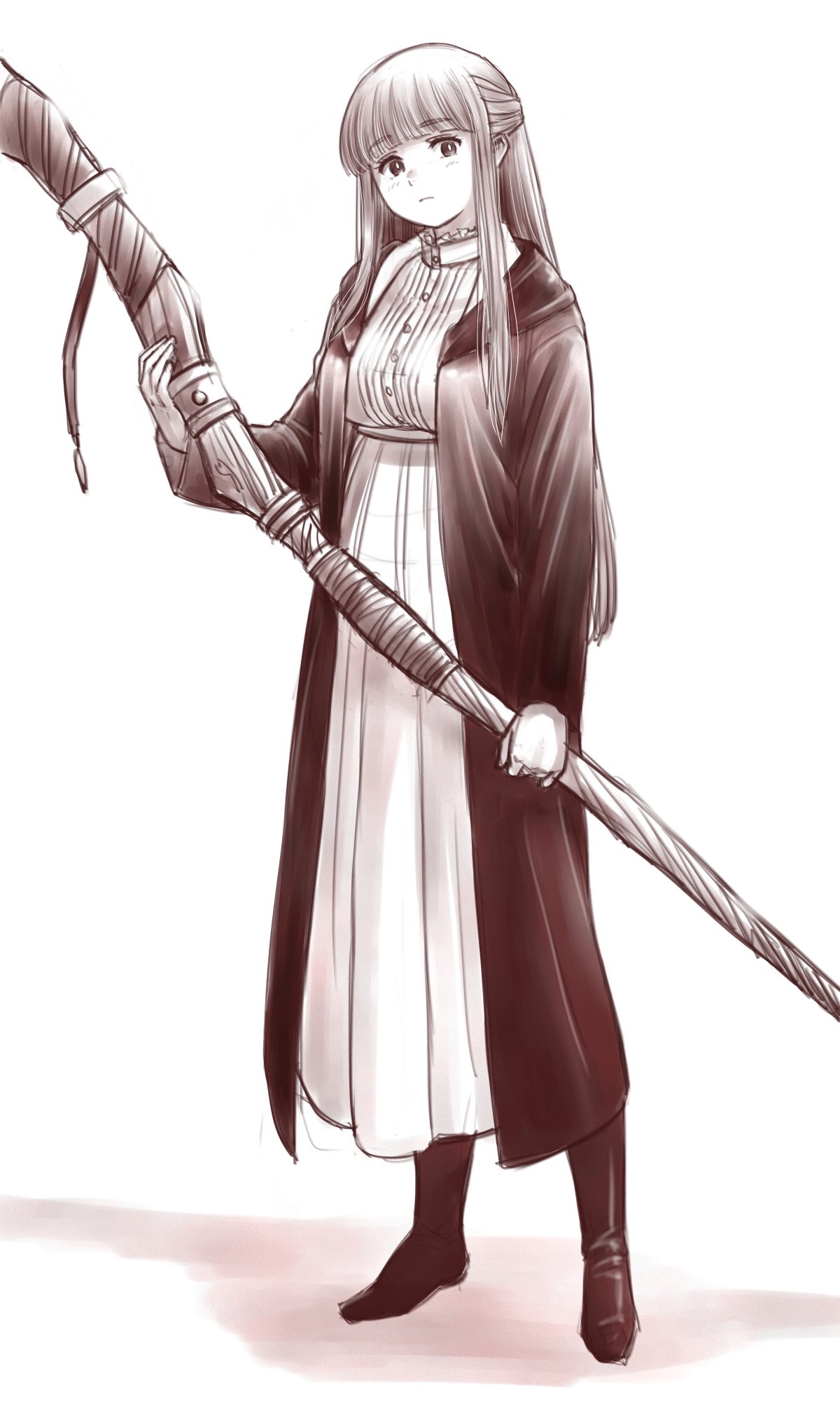 1girl, boots, dress, fern_(sousou_no_frieren), greyscale, highres, holding, holding_staff