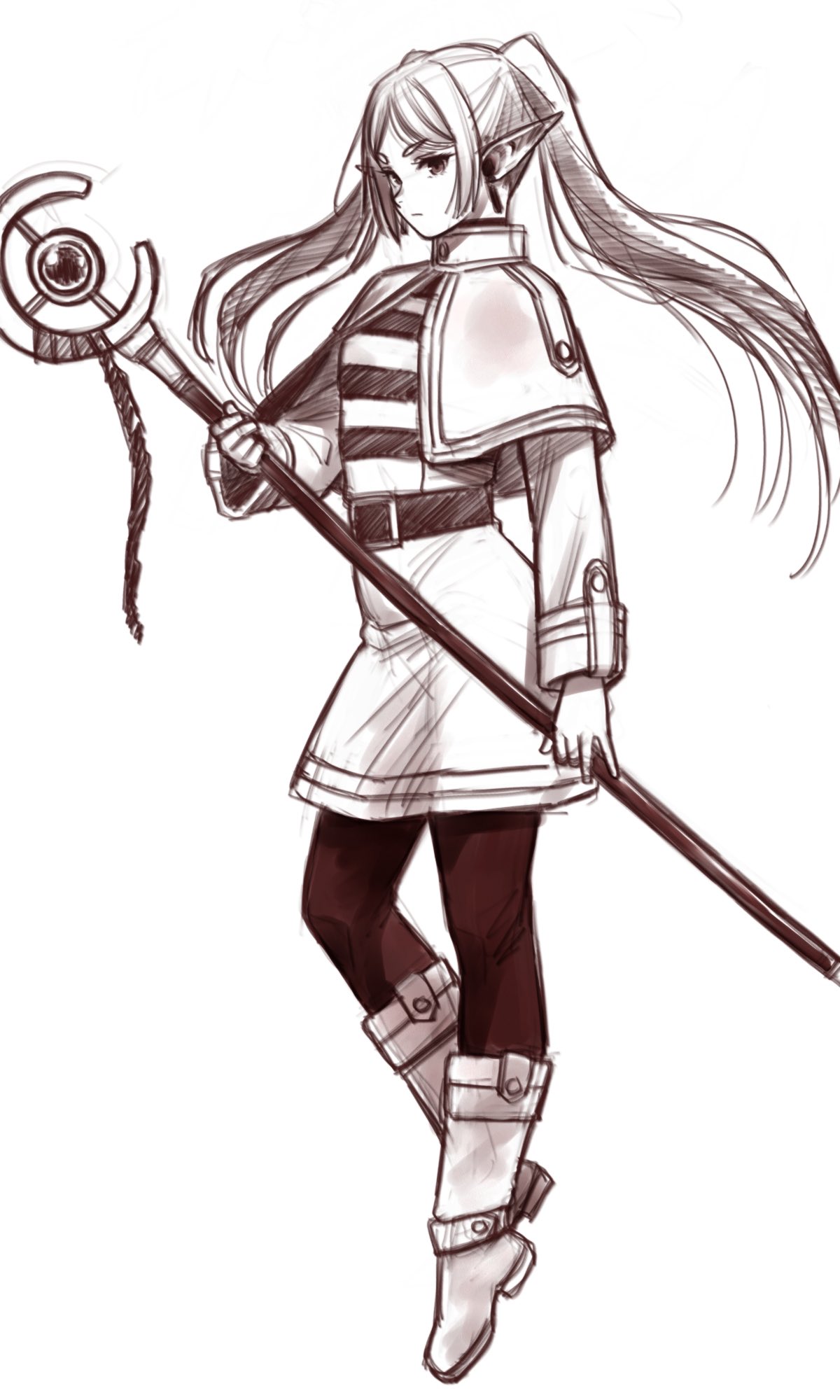 1girl, belt, boots, capelet, earrings, elf, frieren, full_body