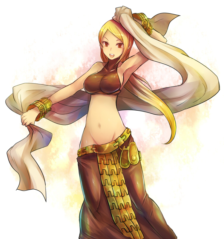 :d, arm_up, blonde_hair, breasts, brown_eyes, dancer, dancer_(fft), final_fantasy, final_fantasy_tactics, halter_top, halterneck, kara_(color), long_hair, midriff, mound_of_venus, navel, open_mouth, smile, solo