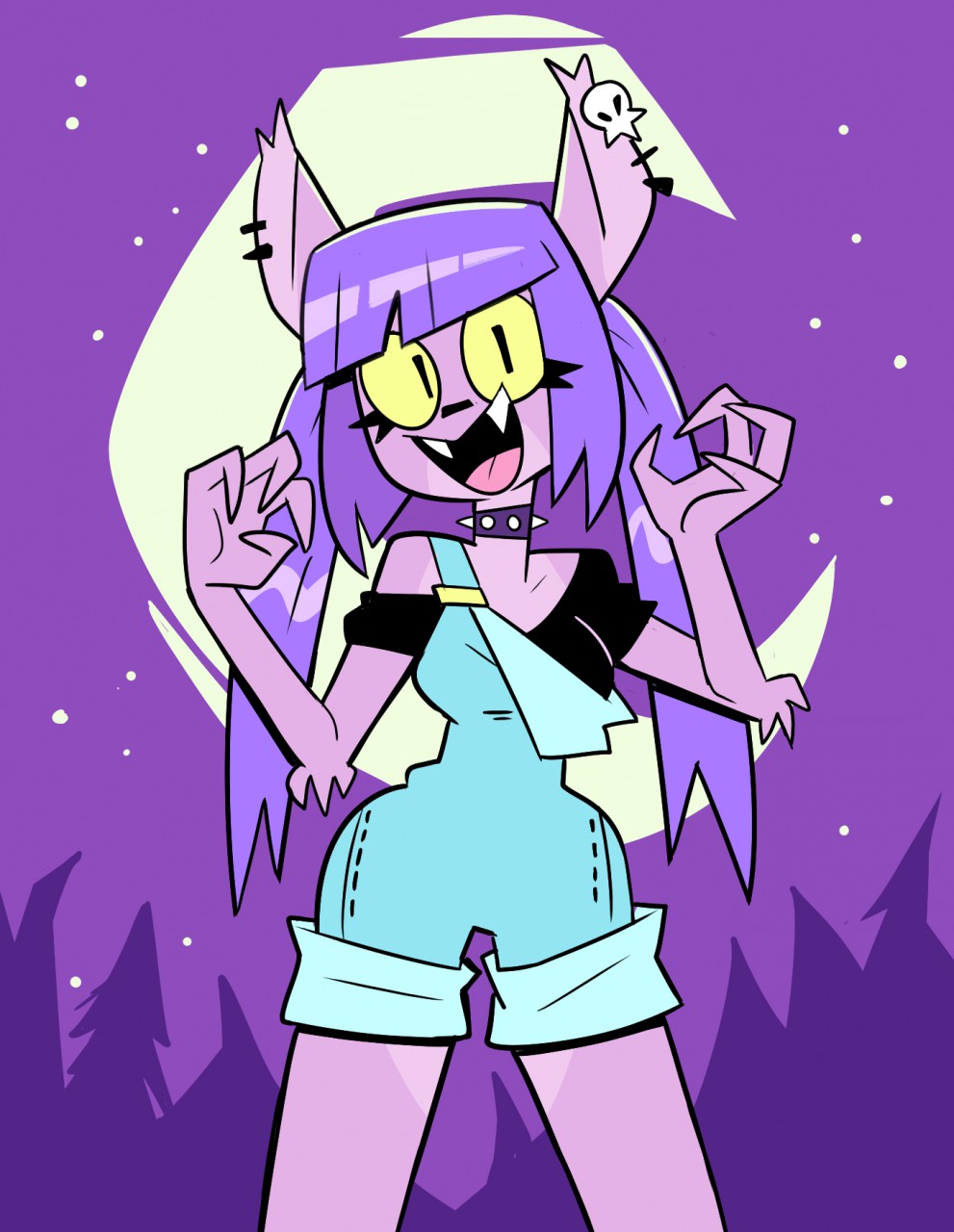 1girl, animal_ears, blue_overalls, choker, crescent_moon, furry, hernyed, highres