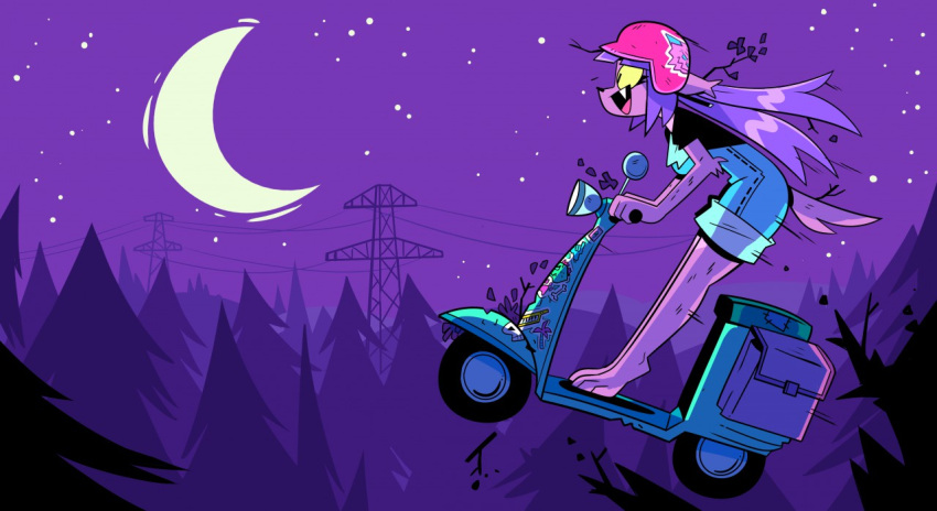 1girl, blue_overalls, furry, helmet, hernyed, moped, motor_vehicle, night