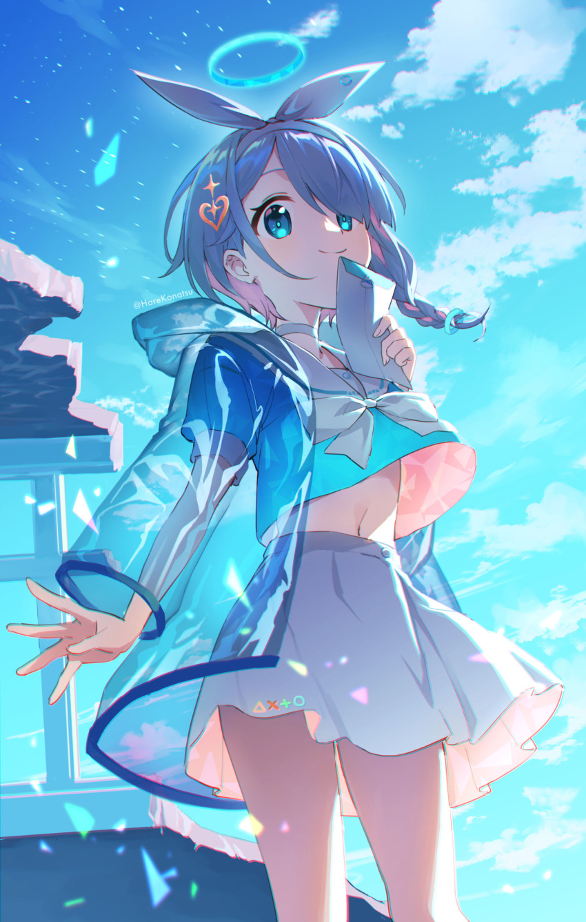 1girl, arona_(blue_archive), blue_archive, blue_eyes, blue_hair, blue_shirt, blue_sky, bow_hairband