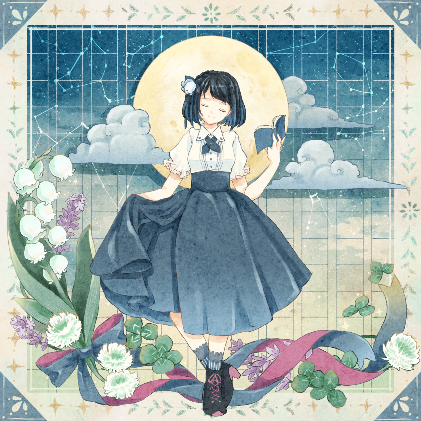 1girl, black_footwear, black_hair, blue_background, blue_ribbon, blue_socks, bob_cut, book, boots, border, buttons, cancer_(constellation), closed_eyes, clouds, clover, clover_(flower), cocoroppy, collared_shirt, commentary_request, constellation, cross_tie, crossed_ankles, cygnus_(constellation), duplicate, facing_viewer, flower, four-leaf_clover, frilled_sleeves, frills, full_body, full_moon, gemini_(constellation), gradient_background, hair_flower, hair_ornament, hair_ribbon, head_tilt, heel_up, hercules_(constellation), high-waist_skirt, highres, holding, holding_book, lavender_(flower), lily_of_the_valley, long_skirt, meme_attire, moon, neck_ribbon, open_book, original, puffy_short_sleeves, puffy_sleeves, purple_flower, red_ribbon, ribbon, shirt, short_hair, short_sleeves, skirt, skirt_hold, smile, socks, solo, star_(sky), star_map, striped_clothes, striped_socks, ursa_minor_(constellation), virgin_killer_outfit, white_flower, white_shirt, yellow_background, yellow_border