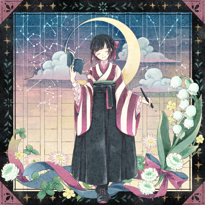 1girl, black_border, black_footwear, black_hair, black_hakama, blue_background, blue_ribbon, book, boots, border, bow, braid, buttercup_(flower), buttons, canis_major_(constellation), cetus_(constellation), closed_eyes, clouds, clover, clover_(flower), cocoroppy, collared_shirt, commentary_request, constellation, crescent_moon, daisy, duplicate, facing_viewer, floral_border, flower, full_body, gemini_(constellation), gradient_background, hair_bow, hair_ribbon, hakama, hakama_skirt, hand_up, head_tilt, highres, holding, holding_book, holding_pen, japanese_clothes, kimono, lace_trim, lepus_(constellation), lily_of_the_valley, moon, nib_pen_(object), open_book, original, orion_(constellation), outside_border, pen, pink_flower, pisces_(constellation), red_bow, red_kimono, red_ribbon, ribbon, shirt, short_hair, sidelocks, skirt, smile, solo, standing, star_(sky), striped_clothes, striped_kimono, taurus_(constellation), two-tone_kimono, white_flower, white_kimono, white_shirt, wide_sleeves, yellow_background, yellow_flower
