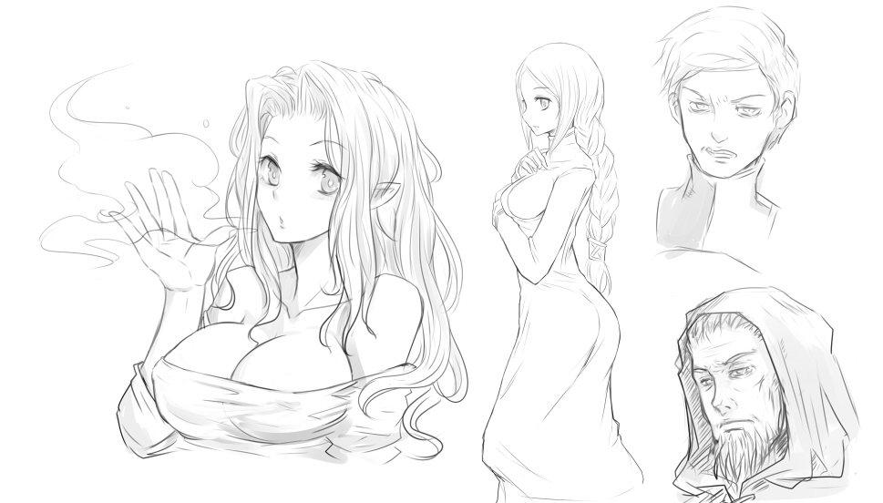 beard, braid, breasts, breath, cidolfus_orlandeau, cleavage, dress, facial_hair