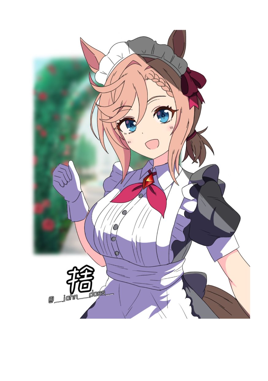1girl, alternate_costume, animal_ears, blue_eyes, blurry, blurry_background, blush, breasts
