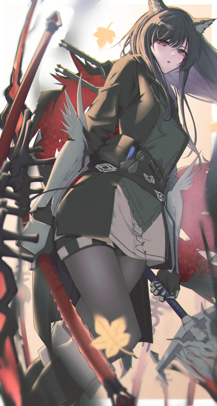 1girl, animal_ear_fluff, animal_ears, arknights, black_cape, black_hair, black_jacket, black_pantyhose