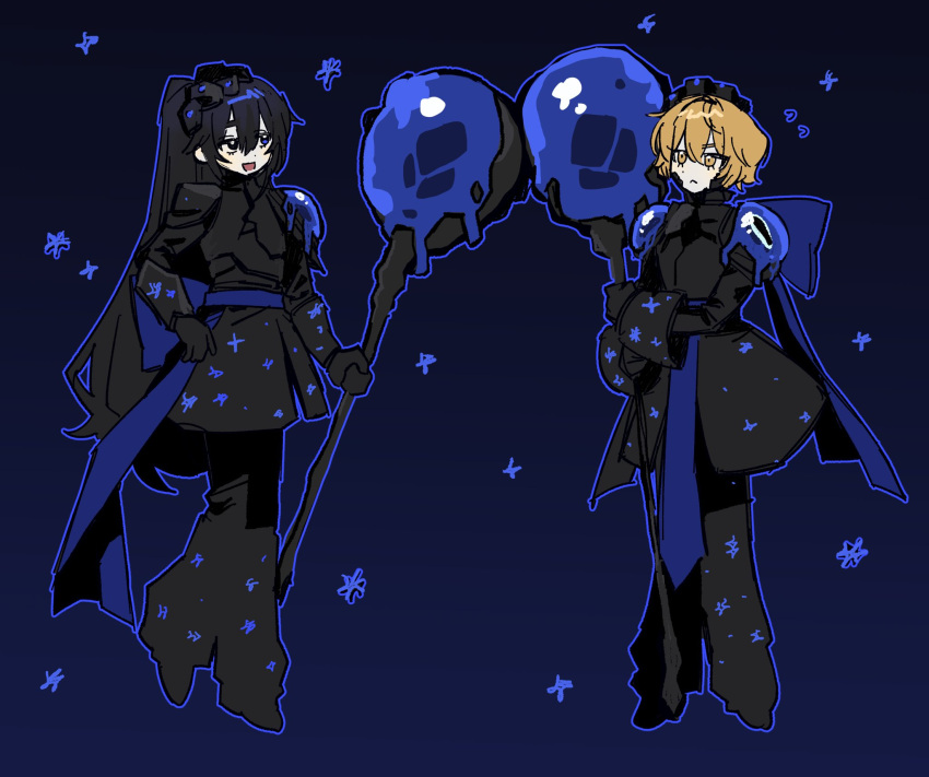 2boys, alternate_costume, black_background, black_coat, black_eyes, black_gloves, black_hair, blonde_hair