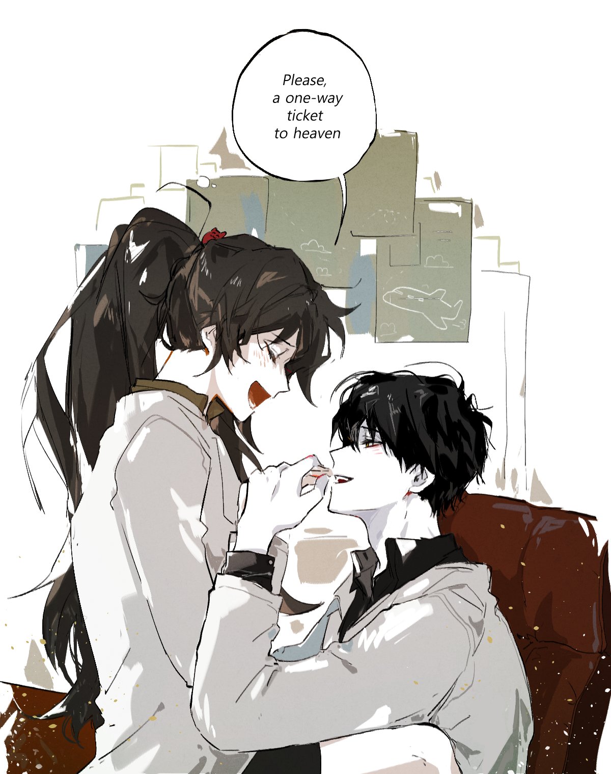 1boy, 1girl, ayin_(project_moon), black_hair, black_shirt, carmen_(project_moon), coat, collared_shirt, ggame_ming, highres, lab_coat, limbus_company, lobotomy_corporation, looking_at_another, mili_(band), open_mouth, project_moon, shirt, simple_background, smile, white_background, white_coat, yellow_eyes