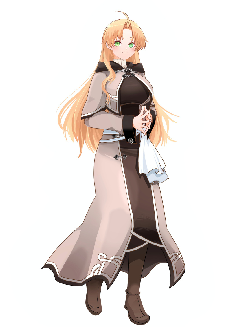 1girl, absurdres, ahoge, blonde_hair, breasts, full_body, genderswap, genderswap_(mtf), green_eyes, highres, large_breasts, long_coat, long_hair, mole, mole_under_eye, mushoku_tensei, rudeus_greyrat, sdd13lr, solo, white_background
