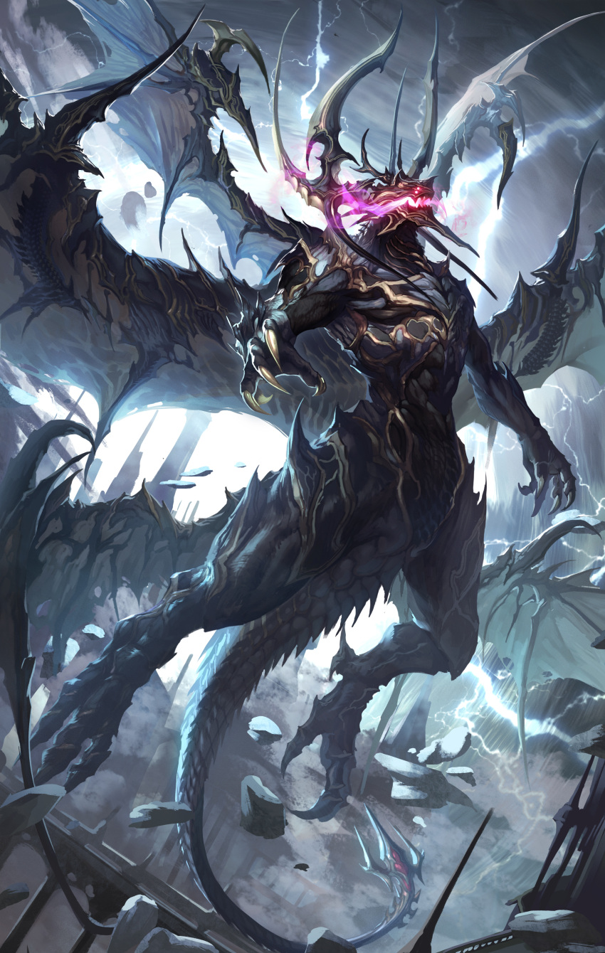 1other, absurdres, armor, aura, black_skin, claws, colored_skin, commentary_request