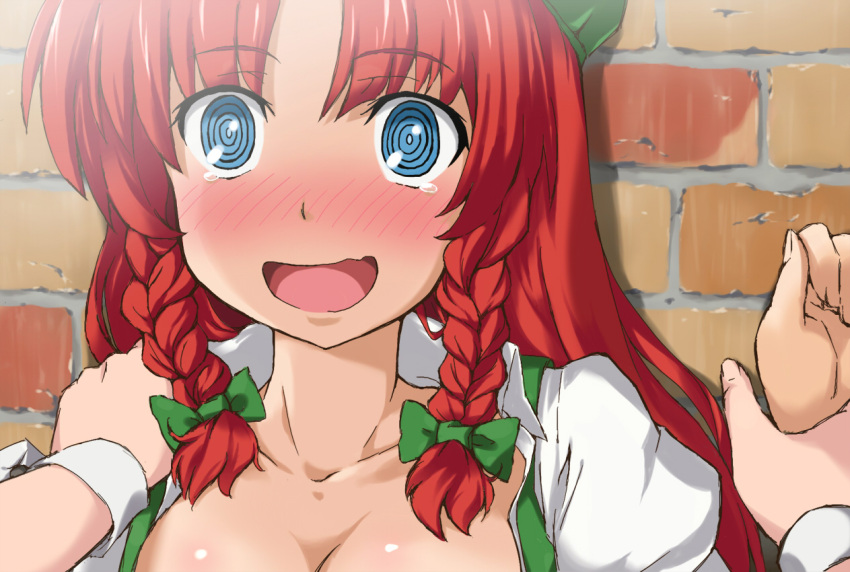 blue_eyes, blush, braid, breasts, cleavage, face, hong_meiling, izayoi_sakuya
