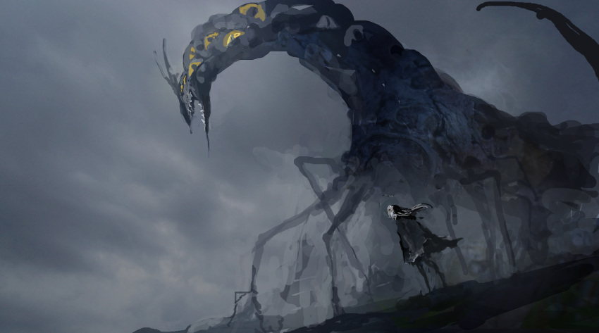 1other, black_cloak, black_hair, cloak, clouds, cloudy_sky, extra_eyes, giant