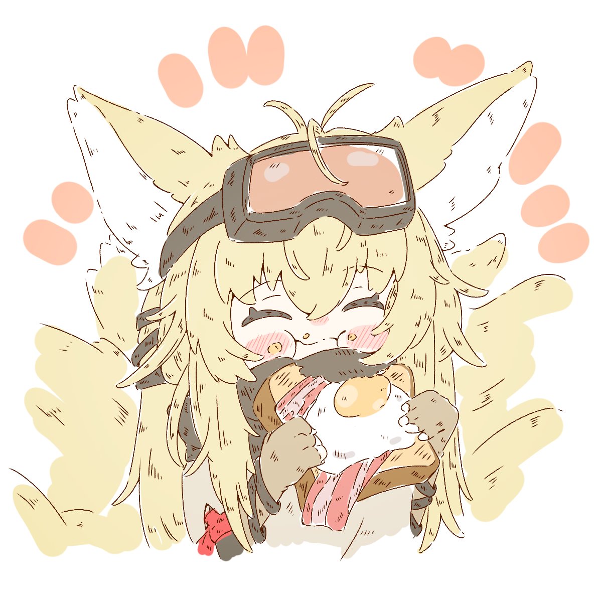 1girl, ^_^, animal_ears, antenna_hair, arknights, blonde_hair, blush, closed_eyes, commentary_request, crossed_bangs, eating, food, food_on_face, fox_ears, fox_tail, goggles, goggles_on_head, highres, hiroyo38110, large_ears, messy_hair, multiple_tails, open_sandwich, portrait, sidelocks, simple_background, solo, suzuran_(arknights), tail, white_background