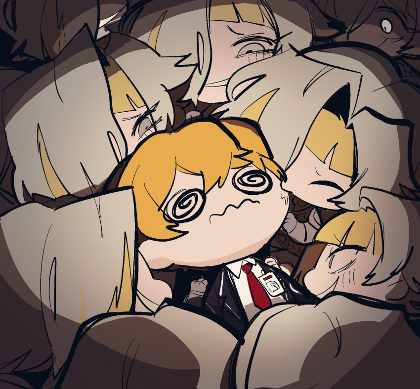 1boy, 1girl, @_@, black_suit, blonde_hair, chibi, closed_mouth, grey_eyes