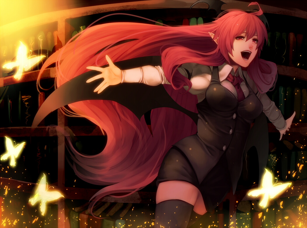 ahoge, bat_wings, breasts, bu-n, butterfly, head_wings, koakuma, long_hair