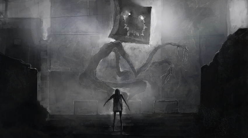 2others, book, book_on_head, building, cable, commentary_request, cover, cover_page, giant, giant_monster, highres, horror_(theme), kohata_(kohatazuke), long_fingers, monster, monster_focus, multiple_others, novel_cover, object_on_head, original, railing, size_difference, skinny, squatting, stairs, standing, torn_book, window