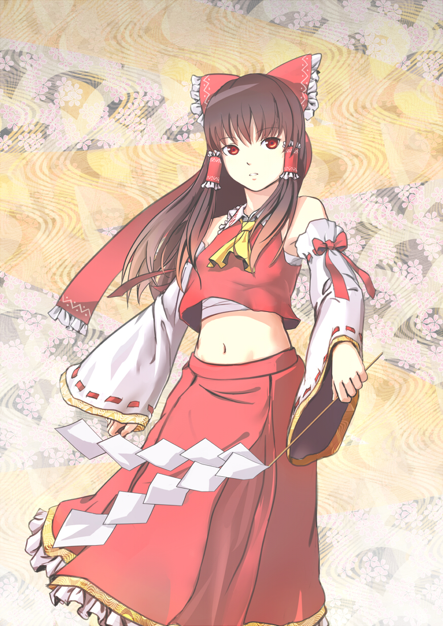 bare_shoulders, bow, brown_hair, cherry_blossoms, detached_sleeves, embellished_costume, face, fangs