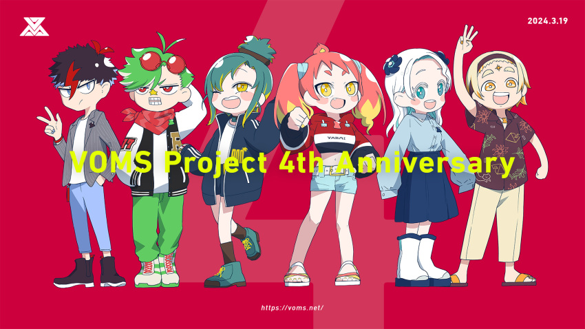 3boys, 3girls, :d, alternate_costume, anniversary, antenna_hair, arm_behind_head, badge
