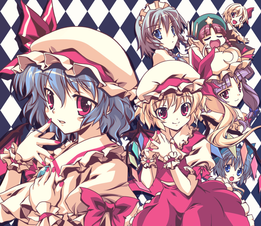 6+girls, ascot, bat_wings, blonde_hair, blue_eyes, blue_hair, cirno, closed_eyes