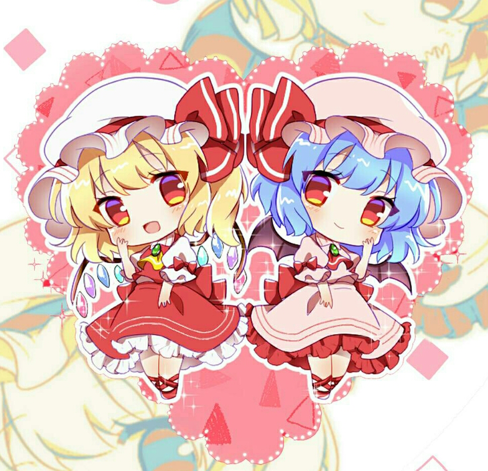 2girls, ascot, bat_wings, blonde_hair, blue_hair, blush, chibi, crystal_wings