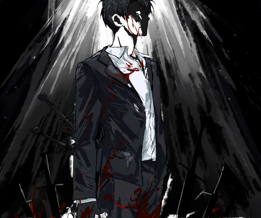 1boy, black_gloves, black_jacket, black_mask, black_pants, black_theme, blood, blood_on_clothes, blood_on_face, collared_shirt, cowboy_shot, crying, ggame_ming, gloves, highres, jacket, library_of_ruina, light_particles, male_focus, open_clothes, open_jacket, pants, project_moon, roland_(project_moon), shirt, solo, stab, sword, weapon, white_shirt