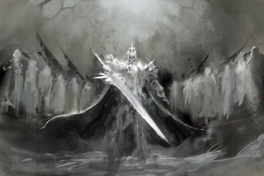 absurdres, arizdigitalart, cape, final_fantasy, final_fantasy_xiv, grey_theme, helmet, highres, holding, holding_sword, holding_weapon, king_thordan, looking_at_viewer, red_eyes, solo, sword, weapon