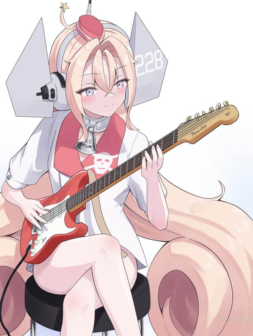 1girl, bell, coat, collar, commentary_request, crossed_legs, drum_(kancolle), electric_guitar