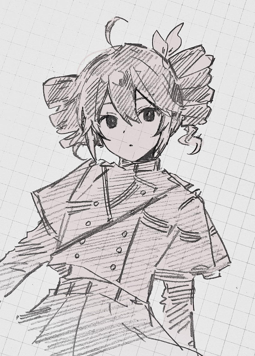 1girl, ahoge, closed_mouth, commentary, dot_mouth, drill_hair, faux_traditional_media, hair_ribbon, highres, jacket, kasane_teto, kasane_teto_(sv), looking_at_viewer, monochrome, ribbon, sano_(ekk_fy), sketch, skirt, solo, synthesizer_v, twin_drills, twintails, uniform, utau
