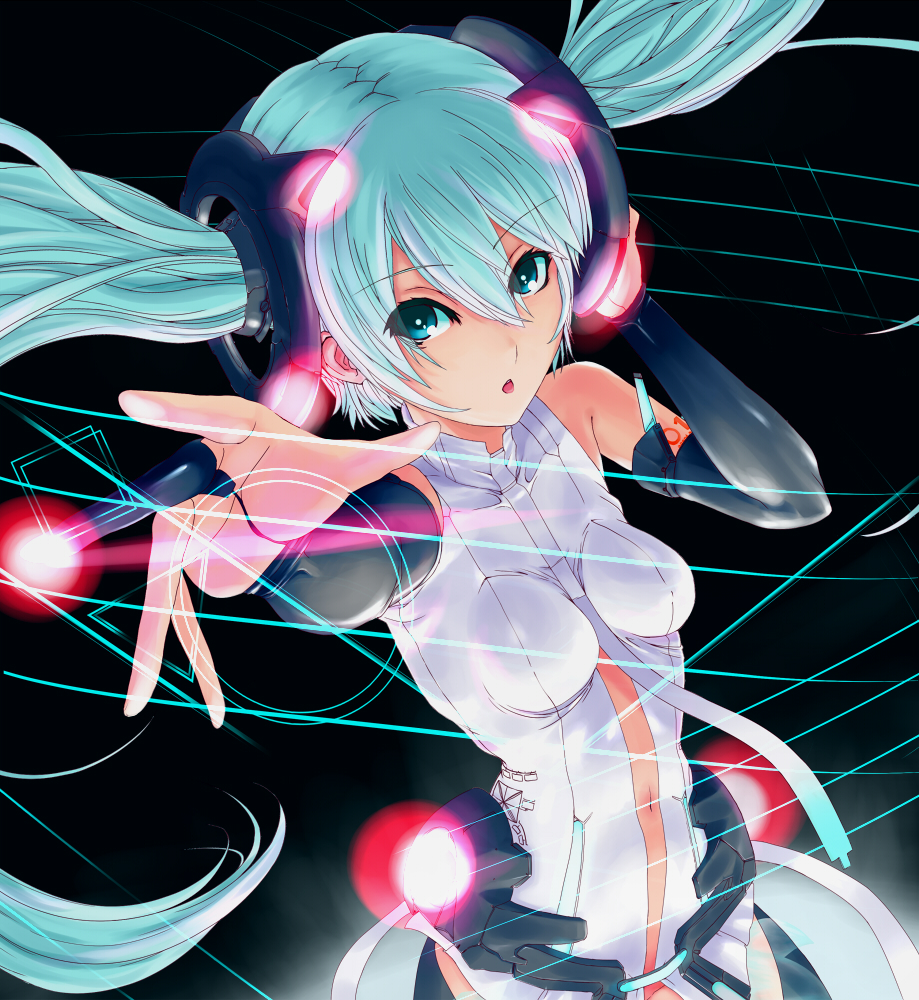 aqua_eyes, aqua_hair, bridal_gauntlets, floating_hair, hatsune_miku, hatsune_miku_(append), long_hair, miku_append