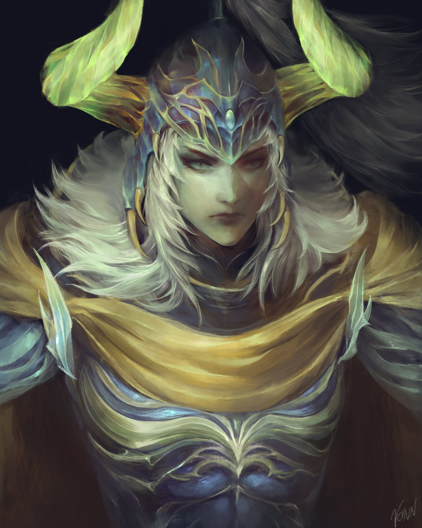 1boy, absurdres, arizdigitalart, armor, cape, closed_mouth, elidibus, fake_horns, final_fantasy, final_fantasy_xiv, green_eyes, helmet, highres, horned_helmet, horns, long_hair, male_focus, sanpaku, signature, solo, warrior_of_light_(ff1), white_hair, yellow_cape