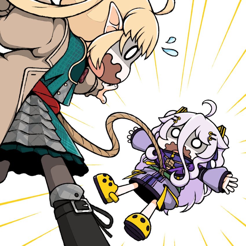 2girls, ahoge, black_footwear, blonde_hair, bow, bowtie, bread_and_fred, brown_coat, buckle, coat, commentary, crocs, cube, distress, double-parted_bangs, dress, emphasis_lines, english_commentary, flying_sweatdrops, green_shirt, green_skirt, hair_ornament, hairclip, henya_the_genius, henya_the_genius_(1st_costume), highres, jacket, jewelry, justtentative, long_bangs, long_hair, multiple_girls, necklace, nijisanji, nijisanji_en, o_o, open_mouth, partially_unzipped, plaid_bow, plaid_bowtie, plaid_clothes, plaid_shirt, plaid_skirt, plaid_socks, pointy_ears, pomu_rainpuff, pomu_rainpuff_(4th_costume), purple_dress, purple_hair, purple_jacket, reaching_towards_another, red_bow, red_bowtie, rope, rope_around_waist, shaded_face, shirt, shoes, sidelocks, simple_background, skirt, sleeves_past_wrists, socks, two_side_up, virtual_youtuber, vshojo, wavy_mouth, white_background, yellow_footwear