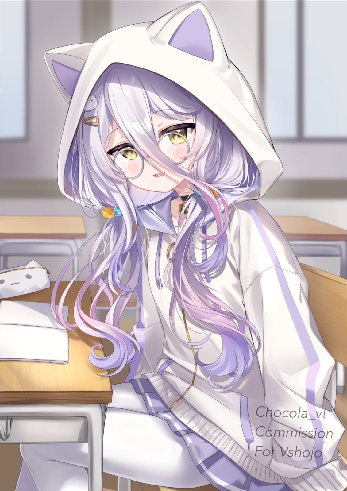 1girl, animal_hood, artist_name, black_choker, cat_hood, chair, chocola_vt, choker