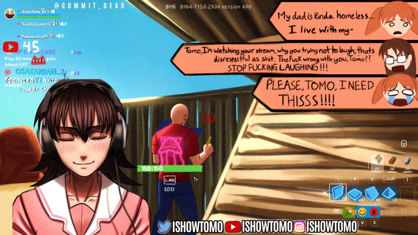 1boy, 3girls, azumanga_daioh, blue_pants, blush, brown_hair, commentary, commit_dead, crying, d:, english_commentary, english_text, fake_screenshot, fortnite, gameplay_mechanics, glasses, headphones, holding, holding_pencil, instagram_logo, ishowspeed, ishowspeed_trying_not_to_laugh_(meme), livestream, long_hair, meme, mihama_chiyo, mizuhara_koyomi, multiple_girls, o_o, open_mouth, orange_hair, pants, pencil, pink_shirt, profanity, rectangular_eyewear, red_shirt, sailor_collar, shirt, smile, streaming_tears, takino_tomo, tears, twintails, twitter_logo, twitter_username, upper_body, user_interface, white_sailor_collar, youtube, youtube_logo