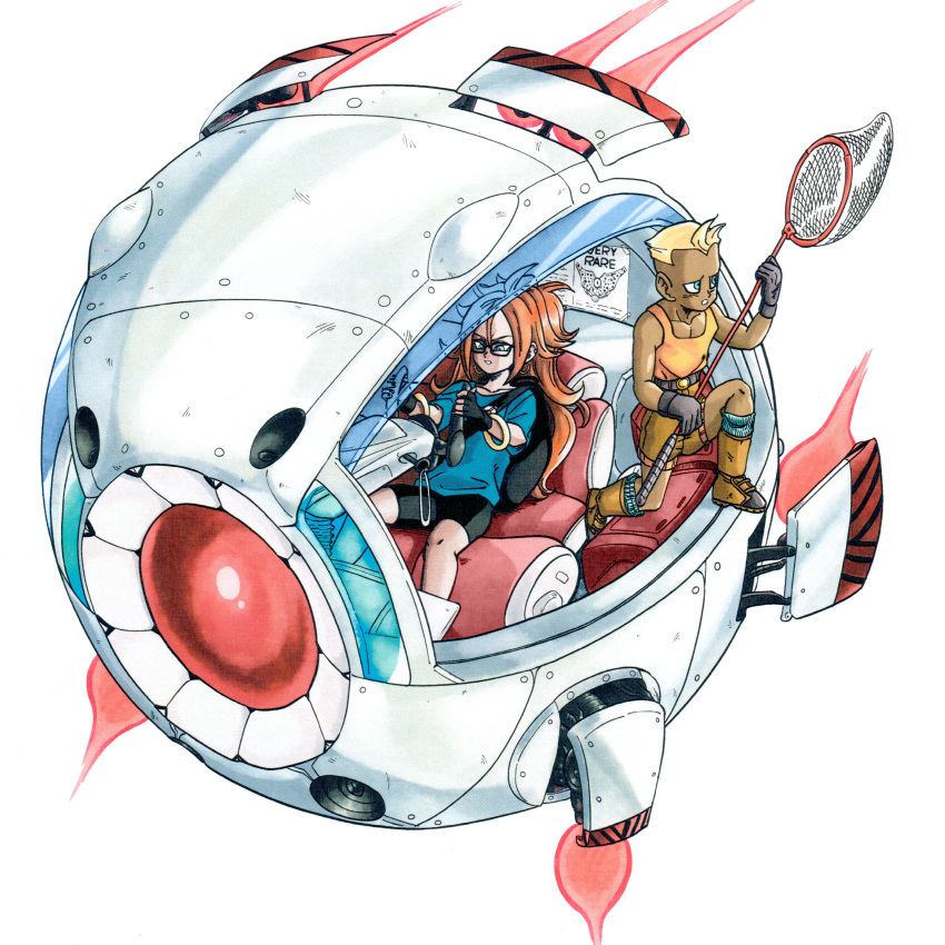 1boy, 1girl, absurdres, blonde_hair, blue_eyes, butterfly_net, cell_(dragon_ball), child
